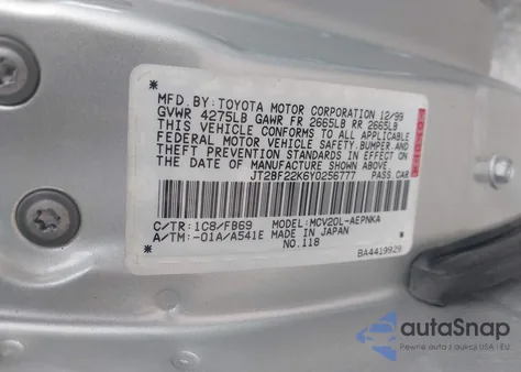 2000 Toyota Camry Le V6 z USA, uszkodzony, nr VIN JT2BF22K6Y0256777